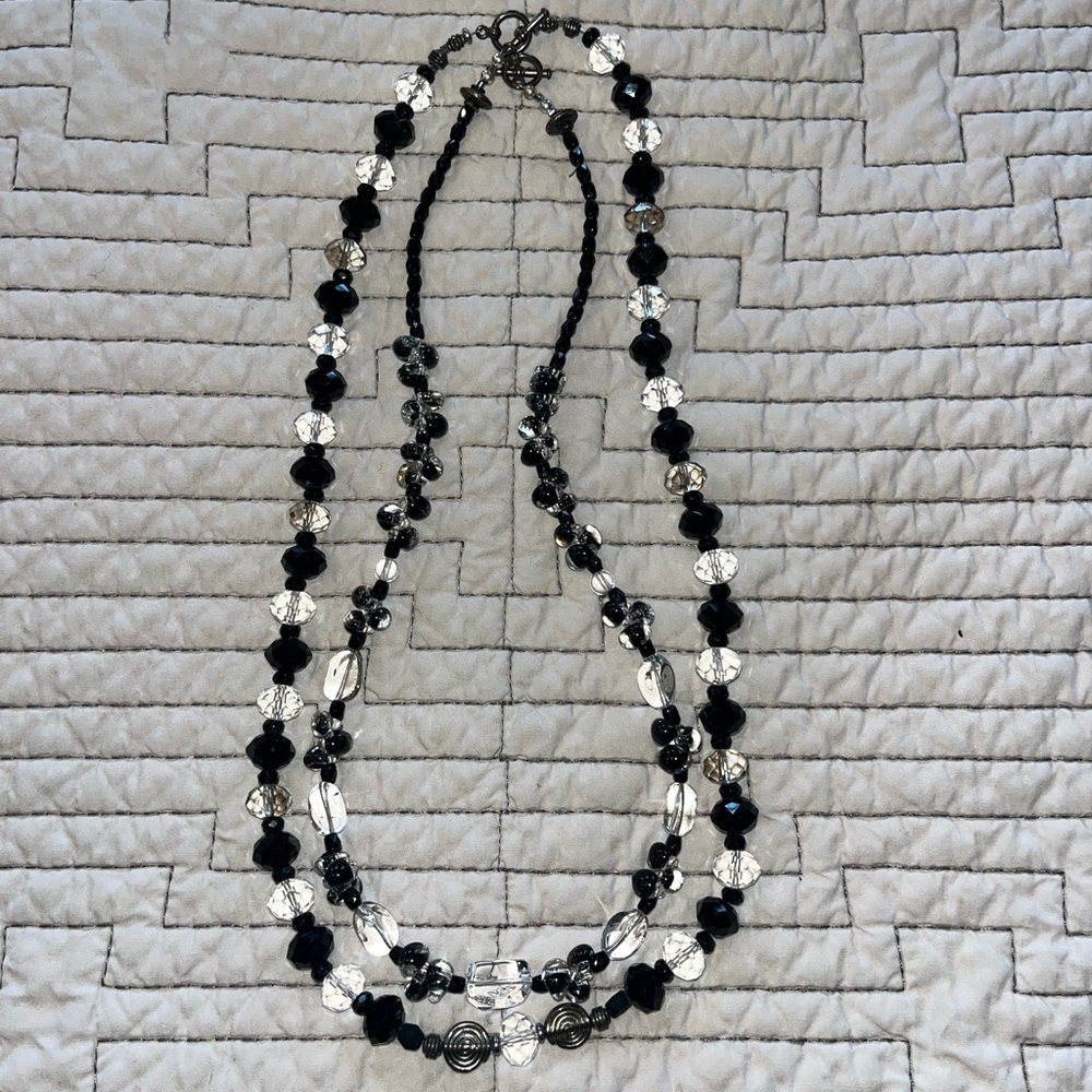 Pair of Black & Clear Crystal Bead Necklaces with Silver Accent